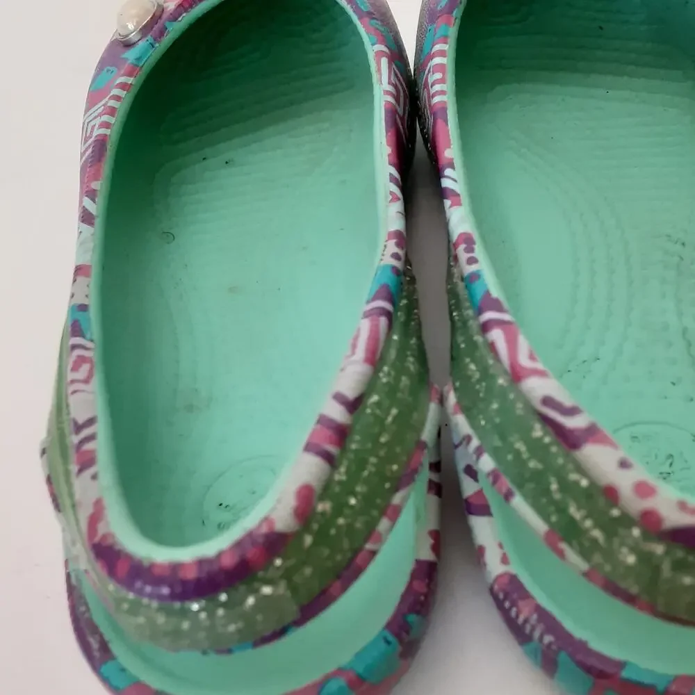 Crocs Genna II Ballet Flats Glitter Sparkle Slingback Dress Shoe Girls 11 Green